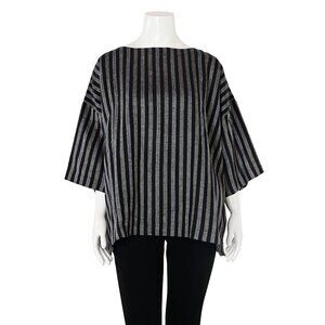 Eskandar Striped 100% Linen Bateau Neck Box Cut Top in Black/Gray sz 0